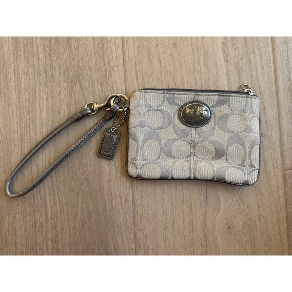 Coach Signature Small Wristlet With Leather Strap Beige & Silver - Picture 1 of 4